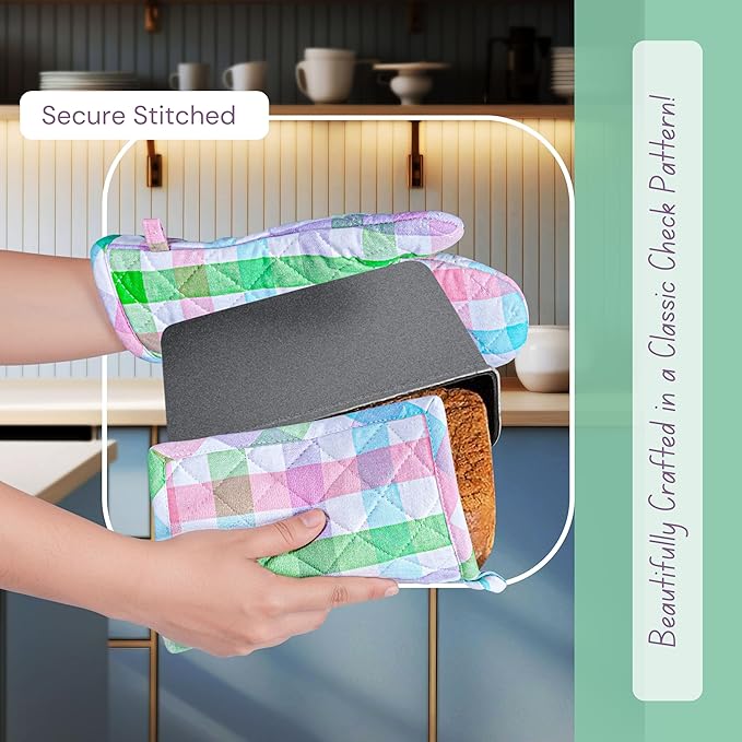 Native Fab 4 Piece Set - Gingham Check 2 Oven Mitts & 2 Potholders, Heat Resistant, 100% Cotton, Quilted Design, Non-Slip Grip, Ideal for Baking, Cooking, BBQ, Kitchen Protection, Multicolor - Image 6