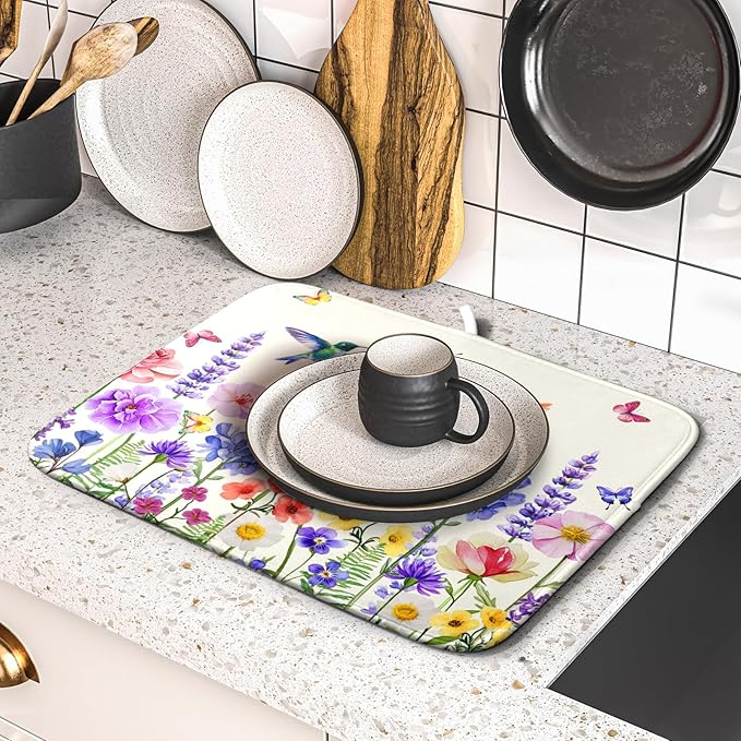 Giwawa Hummingbird Flower Dish Drying Mat 16x18 inch Watercolor Spring Herb Floral Dish Drainer Mats Wildflower Plant Reversible Microfiber Dish Drying Pad for Kitchen Countertop Small Decor
