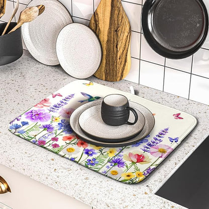 Giwawa Hummingbird Flower Dish Drying Mat 16x18 inch Watercolor Spring Herb Floral Dish Drainer Mats Wildflower Plant Reversible Microfiber Dish Drying Pad for Kitchen Countertop Small Decor