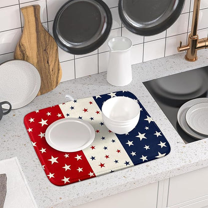 Blue Red White Star July of 4th Patriotic Dish Drying Mat for Kitchen Counter 16x18 Independence Day Absorbent Reversible Microfiber Drying Mats Kitchen Countertop Protector Dishes Drainer Rack Pad - Image 5