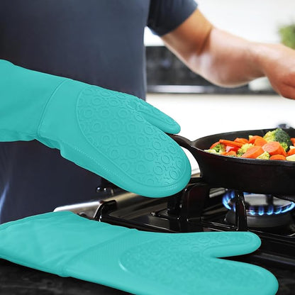 BPA-Free Soft Silicone Oven Mitts - Ultra Heat Resistant Oven Mitts with Thick Cotton Liner - Long Slip Resistant Pot Holders, Flexible Oven Gloves - Turquoise 13.7" - Image 9