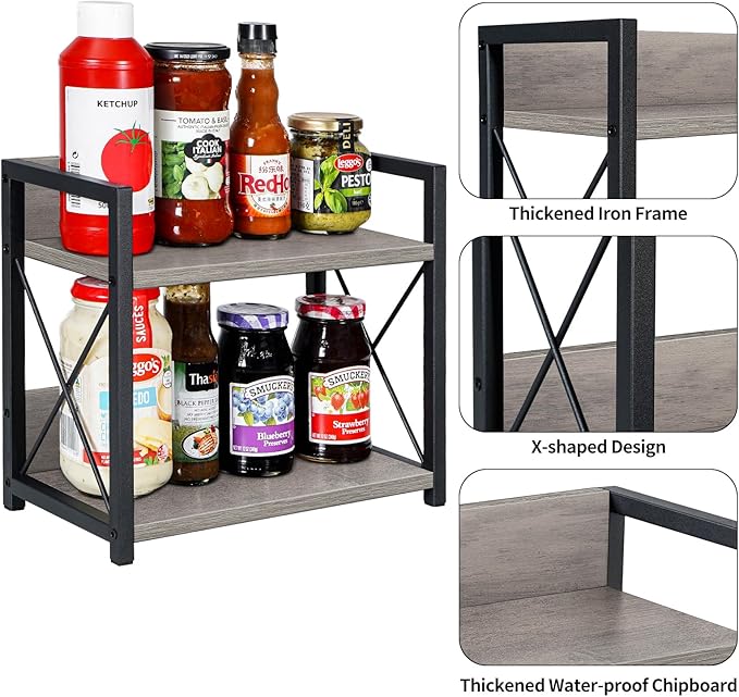 Giikin Countertop Shelf Organizer, 2 Tier Kitchen Spice Rack for Countertop, Wood Coffee Counter Shelf for Home, Particle Board and Metal, Grey, Small - Image 6