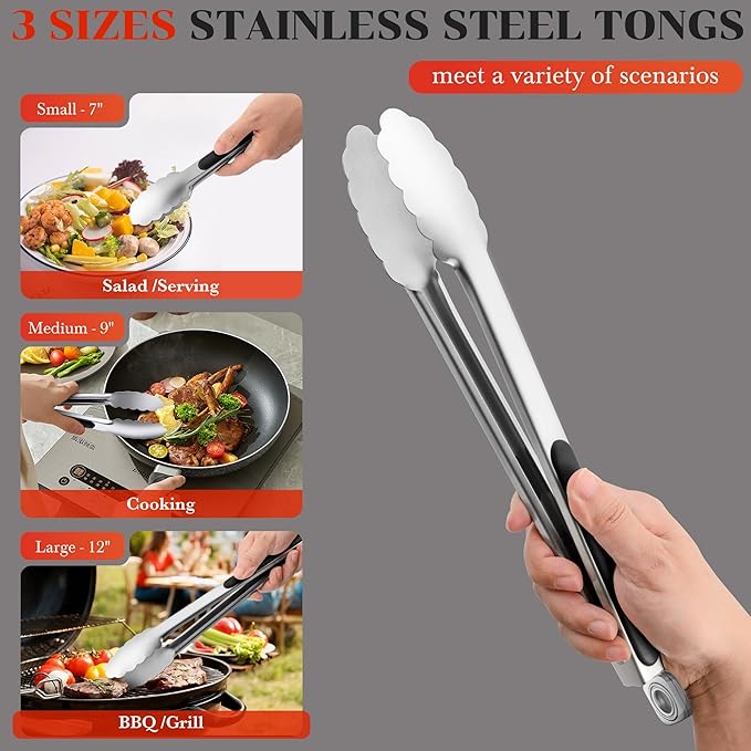 Kitchen Tongs for Cooking - 7 Inch & 9 Inch & 12 Inch Heat Resistant Stainless Steel Grilling Tong Grill Tong Metal Tongs for Cooking, Grilling, BBQ/Barbecue, Food (7+9+12 inch)