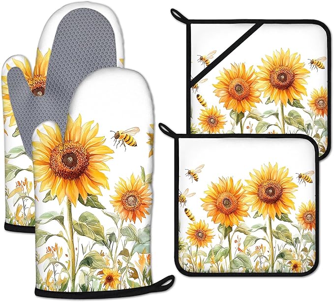 Watercolor Sunflower Oven Mitts and Pot Holders Sets Heat Resistant 4Pcs Busy Bee Potholders Oven Gloves Hot Pads for Kitchen Baking Cooking Grilling BBQ