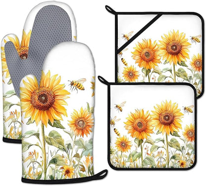 Watercolor Sunflower Oven Mitts and Pot Holders Sets Heat Resistant 4Pcs Busy Bee Potholders Oven Gloves Hot Pads for Kitchen Baking Cooking Grilling BBQ
