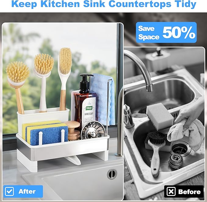Kitchen Sink Caddy Organizer, Stainless Steel Sponge Holder, Kitchen Caddy Sink Organizer with Dish Brush Holder and Dishcloth Rack, Rustproof Dish Sponge Drying Rack for Countertop Storage - Image 6