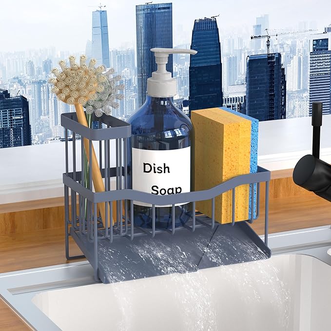 Fssvcd Maifan Sink Caddy Sponge Holder for Kitchen with Brush Holder and Stainless Steel Self Drain Tray, Rustproof Kitchen Sink Organizer for Sponge, Soap Dispenser Storage Accessories Grey Blue by Unknown