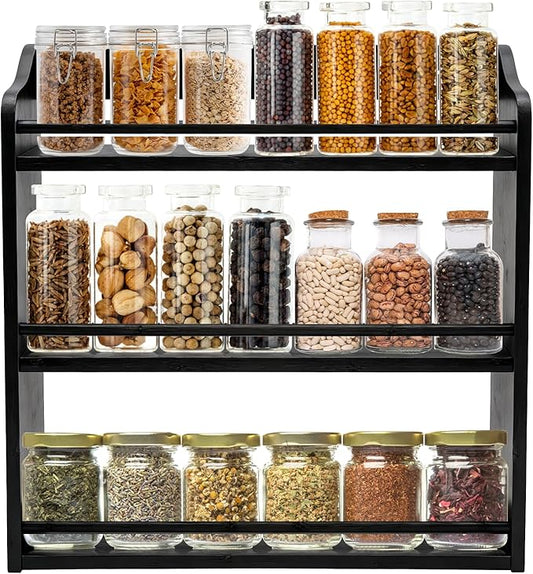 3 Tier Bamboo Spice Rack,Seasoning Jars Rack Shelf Spice Organizer for Kitchen Counter or Wall Mounting (Black) by FoverOne