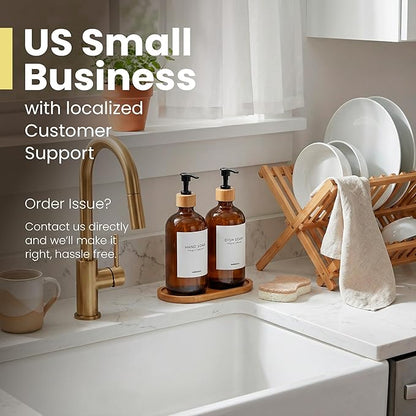 MaisoNovo Glass Dish Soap Dispenser for Kitchen Set of 2-16.9oz Amber Dish and Hand Soap Dispenser Set for Kitchen - Amber Glass Bottles x 2 with Black Bamboo Pumps & Tray