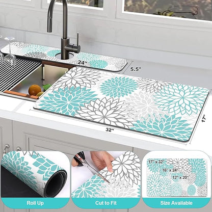 Findosom 2PCS 17" x 32" Dish Drying Mat & 24" x 5.5" Sink Splash Guard, Super Absorbent & Cuttable Dish Mat Drying Kitchen Mat with Teal Floral, Hide Stain Drying Mat for Kitchen Counter - Image 2