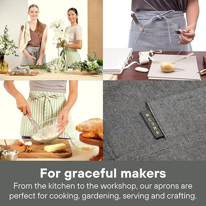 MEEMA Chef Waist Apron Cotton Fabric |Washable & Breathable Waitress & Server Half Aprons for Women with Pockets & Long Waist Straps | Cooking, Baking, Grilling & Crafting