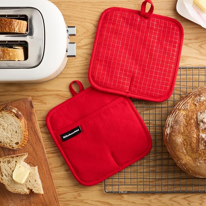 KITCHENAID Gourmet Series Gridlines Pot Holders 2-Pack Set, Heat Resistant up to 600°F, Soft Silicone Grip, Magnetic Cuff, Passion Red, 8"x8" - Image 2