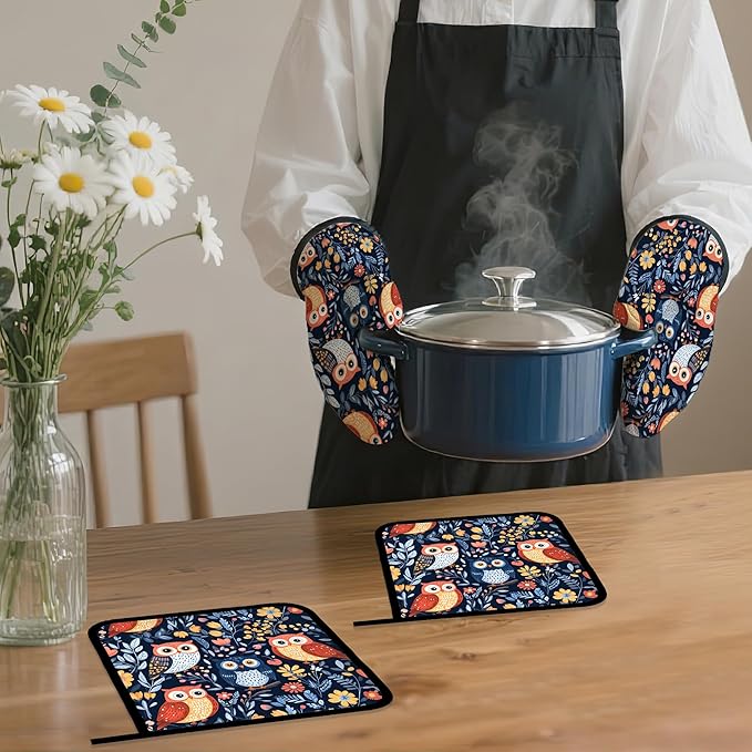 Colorful Cute Owl Oven Mitts and Pot Holders,Heat Resistant Oven Mitts Gloves and Pot Holder for Home Kitchen Decorations Cooking Baking BBQ Gifts,Set of 4