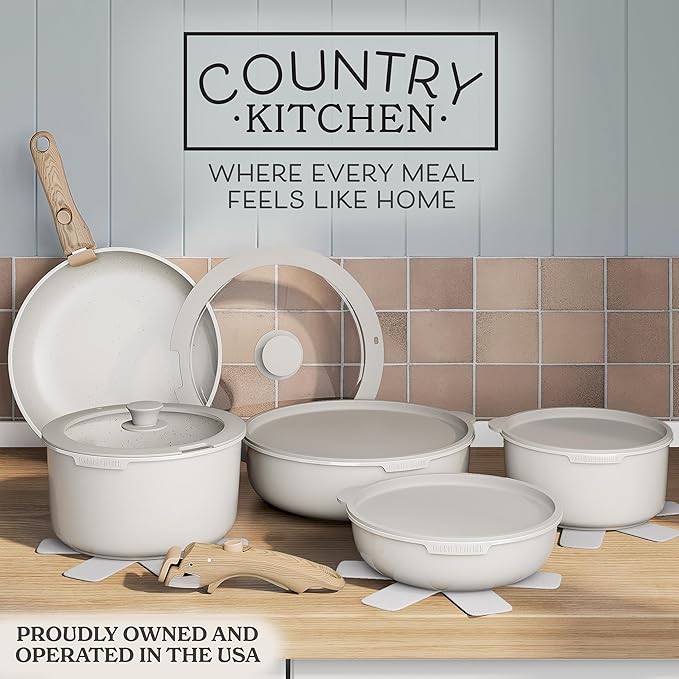 Country Kitchen Cookware Set with Removable Handle, Oven & RV Safe Pots and Pans Set, Cream Gold Speckle Wood Handle, Original - Image 2