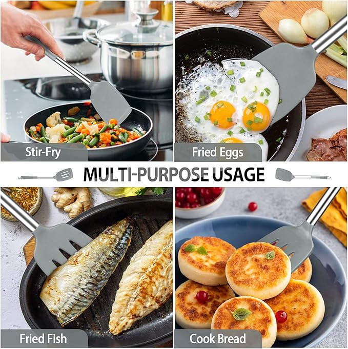 Pack of 4 Large Silicone Cooking Spatulas and Spoons, Slotted and Solid Stainless Steel Cooking Utensils Set, Non-stick Heat Resistant Kitchen for Baking, Fried, Stir-Fry, Mixing, Serving (Grey) - Image 4