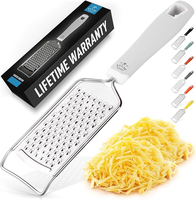 Zulay Kitchen Professional Cheese Grater Stainless Steel - Durable Rust-Proof Metal Lemon Zester Grater With Handle - Flat Handheld Grater For Cheese, Chocolate, Spices, And More - White by ZulayKitchen