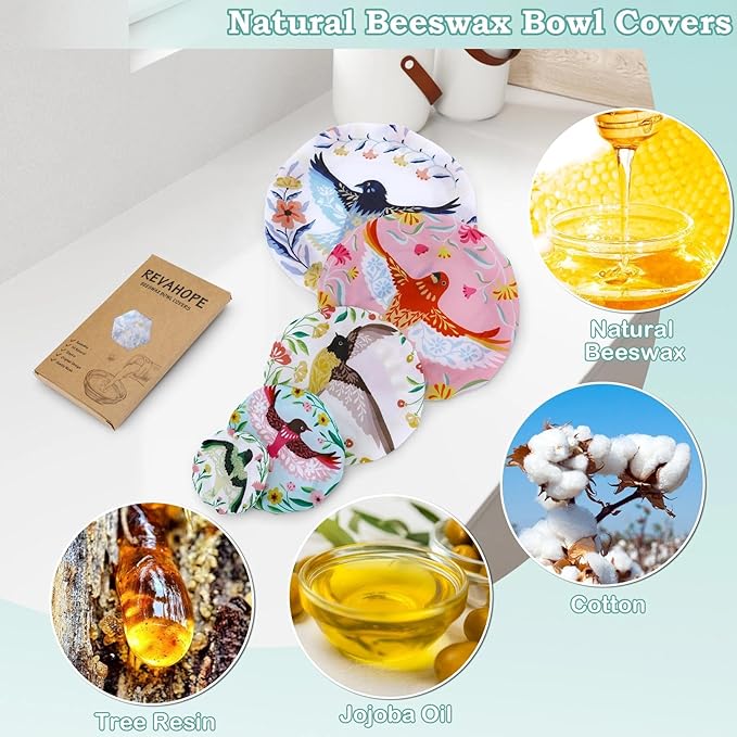 5-Size Reusable Beeswax Bowl Covers for Bread Proofing, Cotton Cloth Flexible Beeswax Wraps for Food Storage(Floral Bird) - Image 3