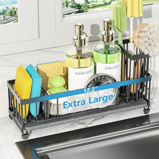 Cisily Extra Large Sink Caddy Organizer with Drying Stone, Black Sponge Holder for Kitchen, Dish Brush Holder for Countertop, Kitchen Decor Storage and Essentials by CISILYHOMELIFE
