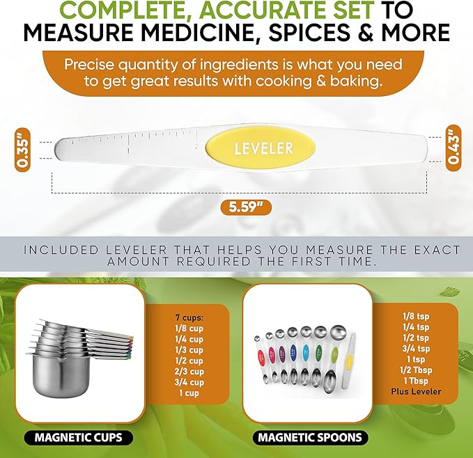 Spring Chef Magnetic Measuring Cups & Spoons Set, Patented, Strong N45 Magnets, Heavy Duty Stainless Steel Fits in Spice Jars for Baking & Cooking, BPA Free, Set of 15 with Leveler, Multicolor - Image 6