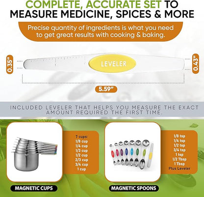 Spring Chef Magnetic Measuring Cups & Spoons Set, Patented, Strong N45 Magnets, Heavy Duty Stainless Steel Fits in Spice Jars for Baking & Cooking, BPA Free, Set of 15 with Leveler, Multicolor - Image 6