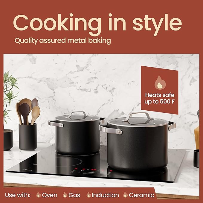 Bakken 8.5 Quart Ceramic Coated Stock Pot with Lid, Easy Clean Nonstick Pot, Tempered Glass Lid, Riveted Stainless Steel Handles, Oven Safe Up To 500°F, PTFE & PFAS Free, All Stove Compatible, Black - Image 3