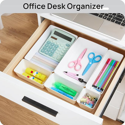 Vtopmart 44 PCS Plastic Drawer Organizers Set, 4-Size Versatile Bathroom and Vanity Organizer Trays, Non-Slip Storage Containers for Makeup, Jewelries, Bedroom，Kitchen Utensils and Office, White - Image 6