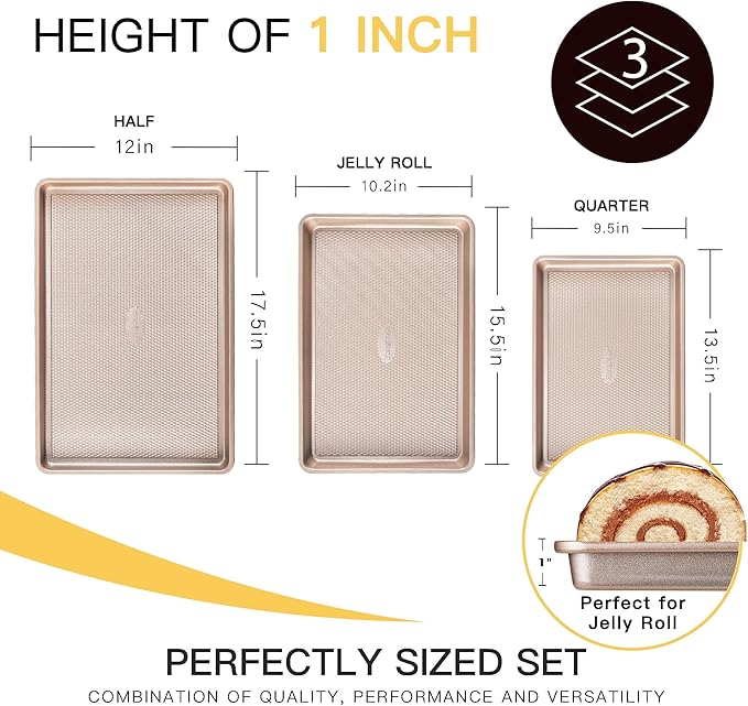 HONGBAKE Baking Sheet Pan Set of 3, Cookie Sheets for Oven, Nonstick Half/Quarter/Jelly Roll Pans with Diamond Texture Pattern, 0.8mm Thick Heavy Duty Cookie Tray, Champagne Gold - Image 6