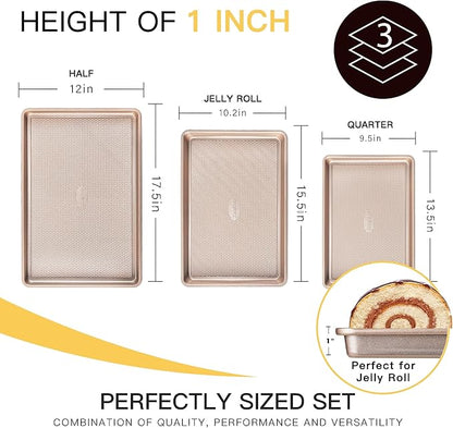 HONGBAKE Baking Sheet Pan Set of 3, Cookie Sheets for Oven, Nonstick Half/Quarter/Jelly Roll Pans with Diamond Texture Pattern, 0.8mm Thick Heavy Duty Cookie Tray, Champagne Gold - Image 6