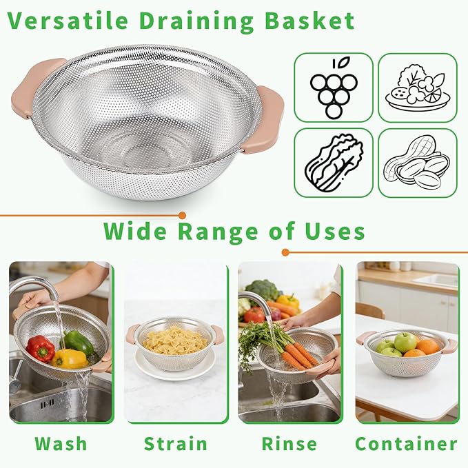 Colander Set with Plastic Handles, Stainless Steel Micro-Perforated Colanders Strainers for Draining Rinsing Washing, Ideal for Pasta Vegetables Fruits, Heavy Duty & Dishwasher Safe - Image 5
