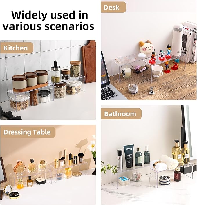 Aminigram 4 Packs Cabinet Organizer Shelf, Acrylic Kitchen Counter Shelves Organizer, Spice Rack for Dishes, Spices, Soda Cans and Bottles（12.4 x 4 x 4.6 inch）