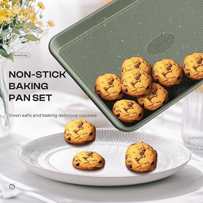 8-Piece Nonstick Bakeware Set, Stackable Oven Pan Set Includes Baking Sheet, Muffin Pan, Cake Pan, Square Pan, Loaf Pan, Cookie Sheet & Cooling Rack (Ceramic Coated Green) - Image 6