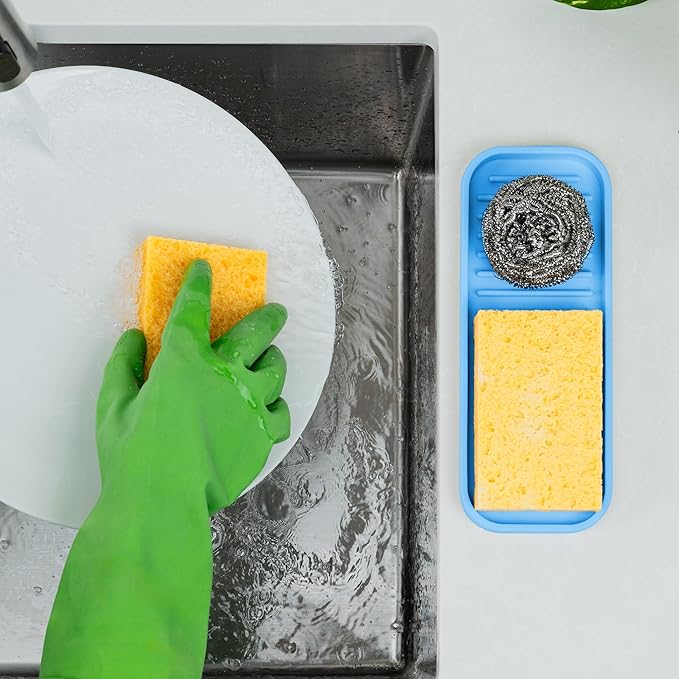 Zulay Kitchen (9x3.5) Silicone Sponge Holder for Kitchen Sink - Flexible Multipurpose Kitchen Soap Tray Sponge Holder - Sink Organizer Tray for Kitchen, Bathroom, Makeup, Trinkets & More (Blue) - Image 2