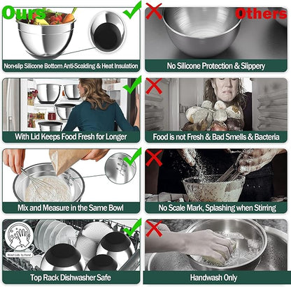 Nicdiet Mixing Bowls with Airtight Lids, Stainless Steel Mixing Bowl Set with 3 Metal Nesting Bowls, Colander & Grater, Non-Slip Bottoms, Size 1.5, 2.5, 5 QT, Great for Mixing & Serving, Black - Image 3