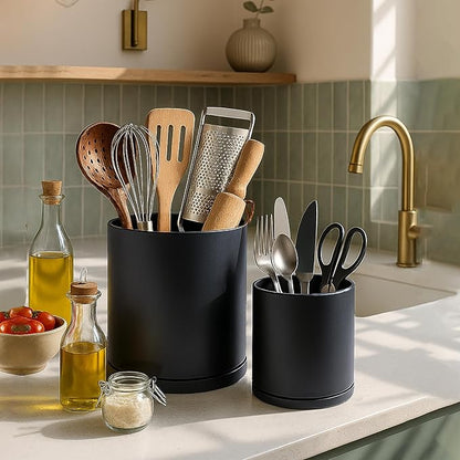 D'vine Dev 360° Rotating Utensil Holder Set – 7.2"+5" Kitchen Utensil Crocks for Countertop, Modern Cooking Tool Organizers for Kitchen Storage +Décor, Black, Set of 2, 72-Z-B-1 - Image 2