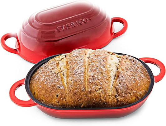 Enameled Cast Iron Bread Oven 2 Qt (Red), Non-Stick Single Loaf Cast Iron Bread Pan with Lid, Easy Homemade Sourdough Dutch Oven, Oven-Safe Artisan Bread Baking Pan