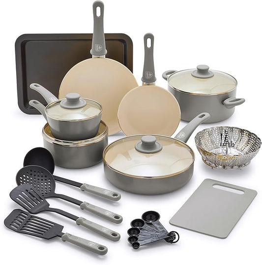 GreenLife Soft Grip Healthy Ceramic Nonstick 18 Piece Kitchen Cookware Pots and Frying Sauce Saute Pans Set, PFAS-Free with Kitchen Utensils and Lid, Dishwasher Safe, Gray