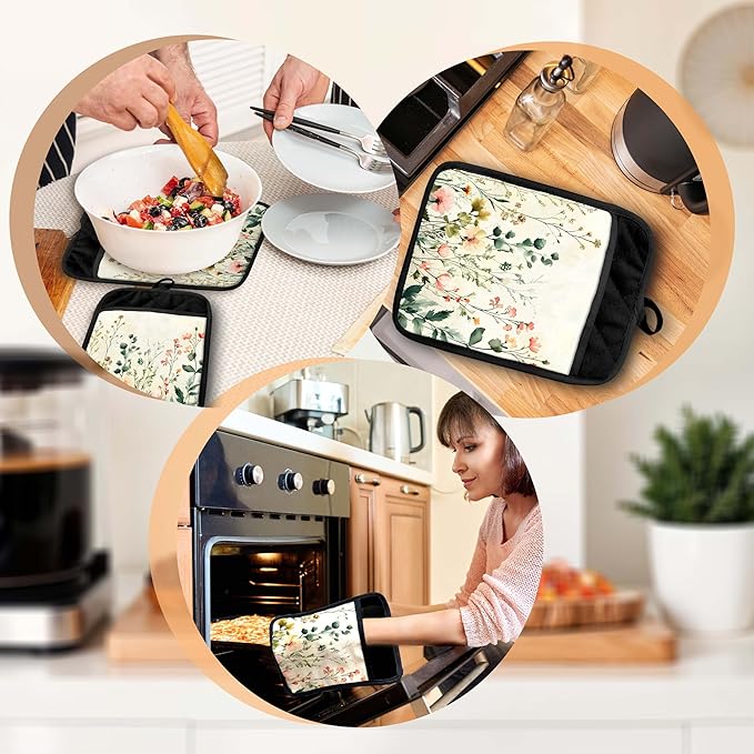 Watercolor Rustic Floral Pot Holders with Pockets, Cottagecore Flower Botanical Oven Pot Holders Heat Resistant Oven Mitts Hot Pads for Kitchen Baking Cooking
