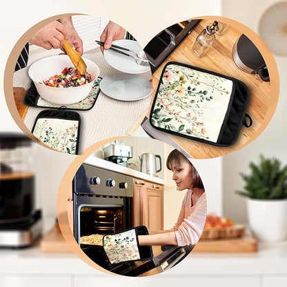 Watercolor Rustic Floral Pot Holders with Pockets, Cottagecore Flower Botanical Oven Pot Holders Heat Resistant Oven Mitts Hot Pads for Kitchen Baking Cooking