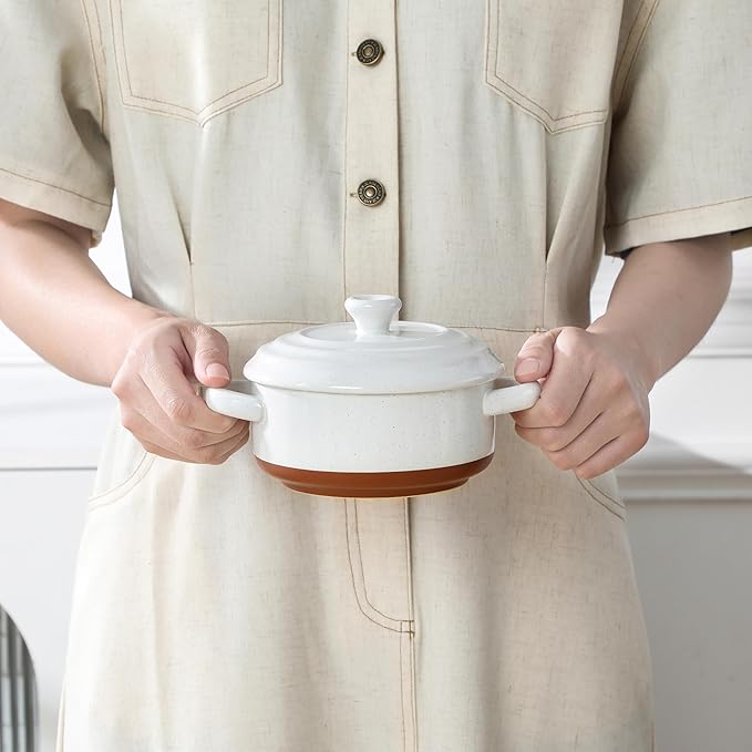 MALACASA Mini Cocotte Set - 12 OZ Small Casserole Dishes for Oven, Ramekins with Lids and Handles, Ceramic Mini Dutch Oven Set of 4, Microwave & Dishwasher Safe, Khaki White, Series TARA - Image 9