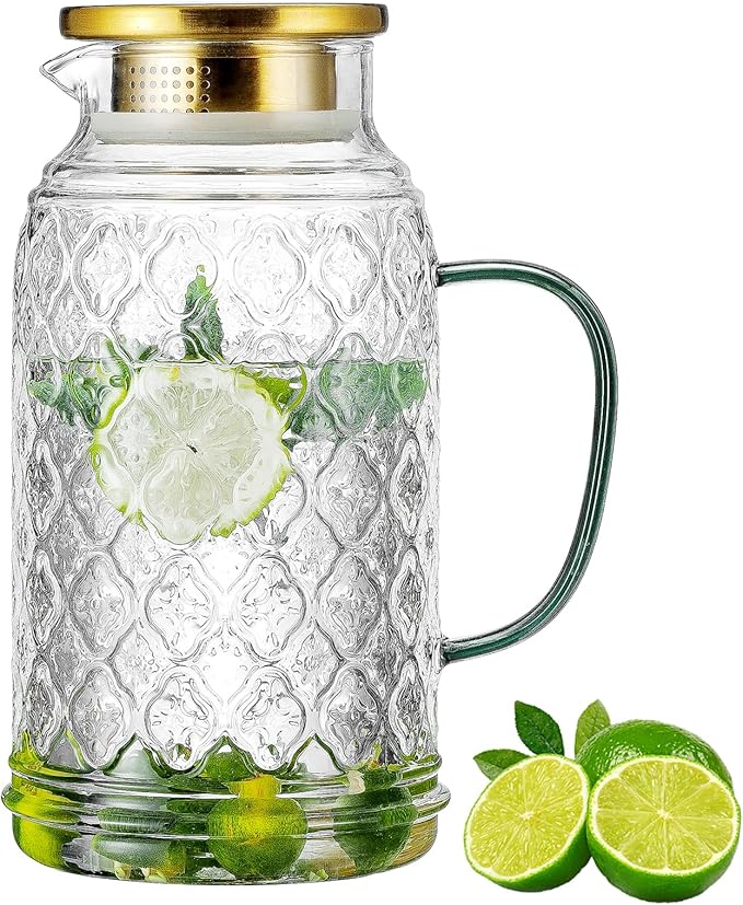 Buaic Glass Pitcher with Lid,84 oz/2.5 Liter Vintage Water Pitcher, Clear Borosilicate Glass Water Carafe for Cold Brew, Coffee, Lemonade, Iced Tea, Juice, Beverage, Heat Resistant Water Glass Jug by Buaic