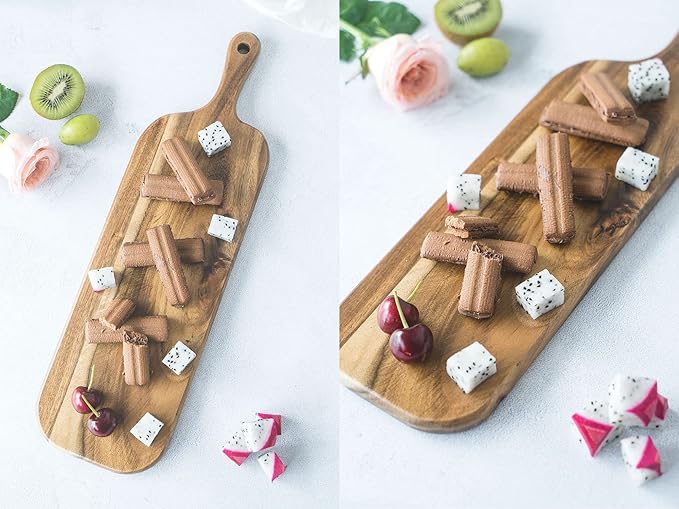 BILL.F Acacia Wood Cutting Board with Handle Small Size Long Wooden Charcuterie Board Paddle Cheese Board Serving Boards for Kitchen Meat, Pizza,Cheese, Bread, Vegetables &Fruits 16'' x 4.7'' x 0.6'' - Image 6