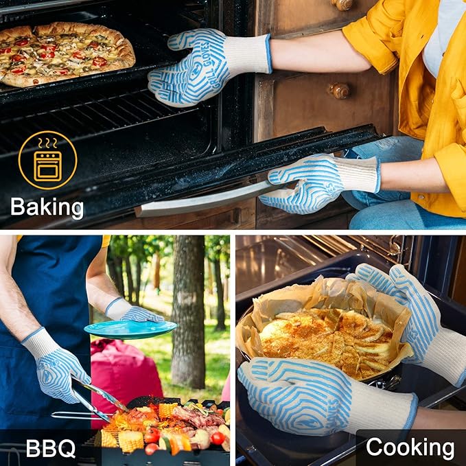 QUWIN BBQ Gloves, Oven Gloves 1472℉ Extreme Heat Resistant, Grilling Gloves Silicone Non-Slip Oven Mitts, Kitchen Gloves for BBQ, Grilling, Cooking, Baking-1 Pair… (Blue, One Size Fits Most) - Image 5