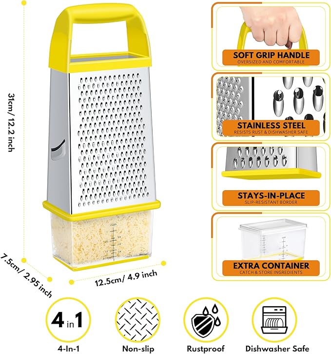 Urbanstrive Cheese Grater With Container, Professional Cheese Grater with Handle, Stainless Steel Graters for Kitchen Handheld, Box Grater with 4 Sides for Vegetables, Ginger, Potatoes (Yellow) - Image 2