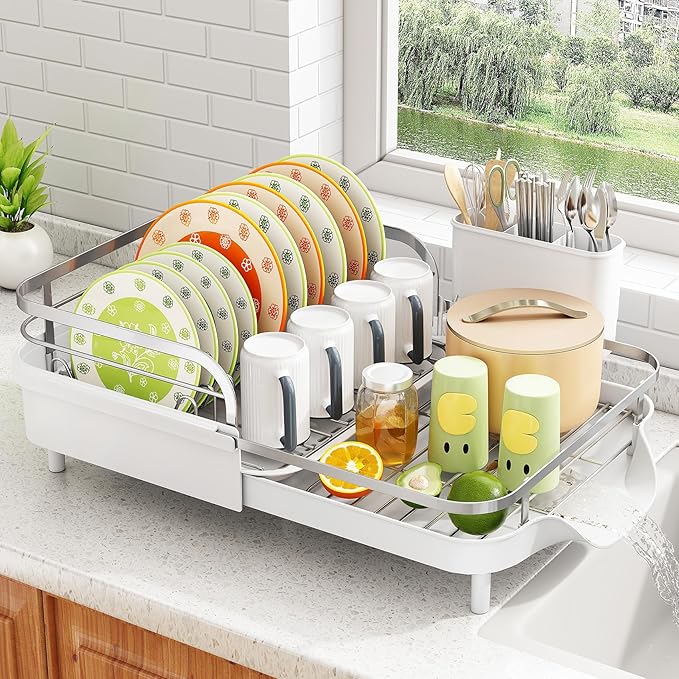 SAYZH Dish Drying Rack - Expandable Dish Rack for Kitchen Counter, Rust-Resistant Dish Drainer with Utensil Holder and Raised Guardrail, Kitchen Organizer for Cup and Bottle (White) by SAYZH