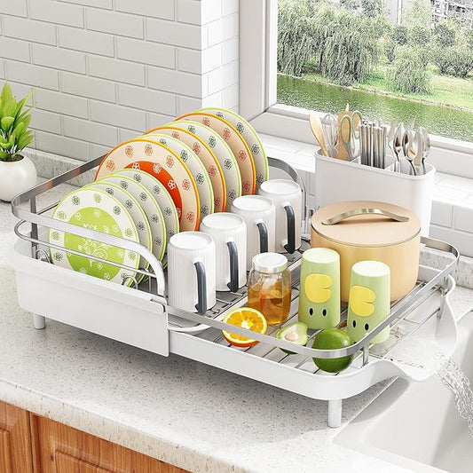 SAYZH Dish Drying Rack - Expandable Dish Rack for Kitchen Counter, Rust-Resistant Dish Drainer with Utensil Holder and Raised Guardrail, Kitchen Organizer for Cup and Bottle (White) by SAYZH