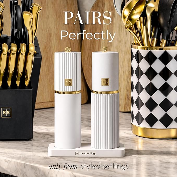 Wooden Salt and Pepper Grinder Set – Refillable Manual Salt and Pepper Mills with Adjustable Ceramic Burrs, Gold Detailing, and Wood Stand – White - Image 9