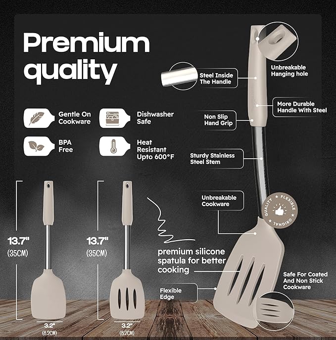 BakeRoyal Silicone Spatula Set - Turner Spatulas Silicone Heat Resistant 600°F - Slotted & Solid Spatula for Cooking Fish, Eggs, Pancakes Flipper – Spatulas for kitchen use – Mist - Image 2