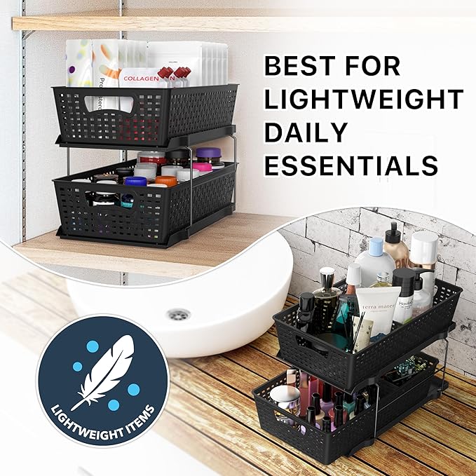 Simple Houseware 2 Tier Bathroom Organizer Tray Pull-Out Sliding Drawer, Under Sink Storage, Black - Image 7
