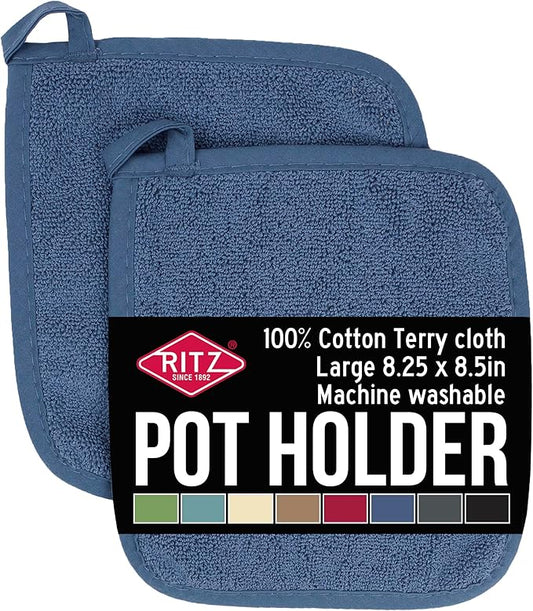 RITZ Terry Potholder & Hot Pad: Unparalleled Heat Resistant, Durable 100% Cotton – Ergonomically Designed for Optimal Grip – Easy-Care Machine Washable – 2-Pack, Federal Blue by Ritz+Foodservice