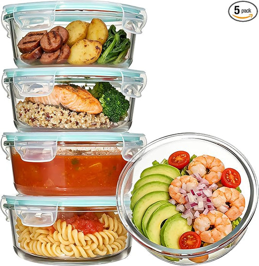 Vtopmart 5Pack 22oz Glass Storage Containers with Lids, Glass Meal Prep Food Container Sets with Snap Airtight Lids for Microwave, Oven, Freezer and Dishwasher, Green, Round by Vtopmart
